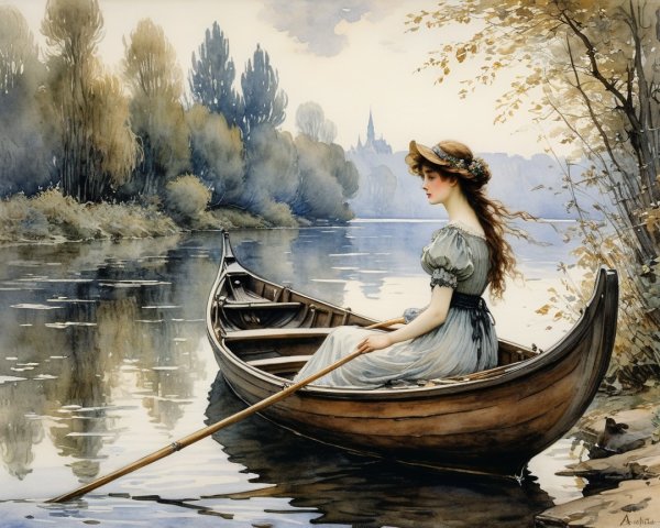 Tranquil River Scene with Woman in Rowboat