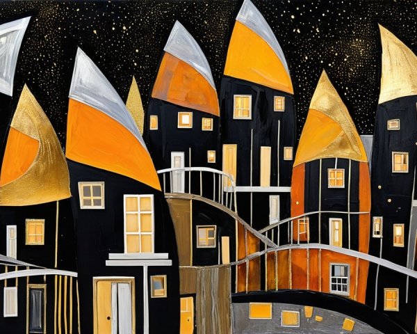 Abstract Painting of Whimsical Houses at Night