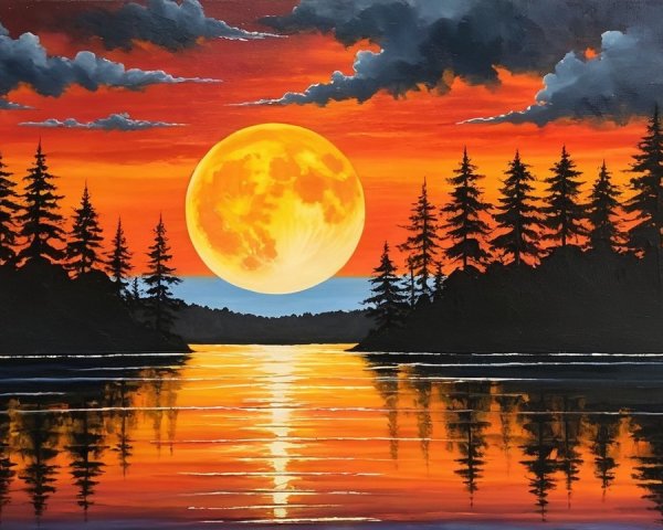 Vibrant sunset over a serene lake with moonlight