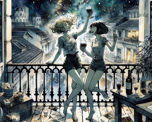 Celebration on a Balcony Under a Starry Sky