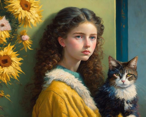 Young girl in yellow coat with cat among sunflowers