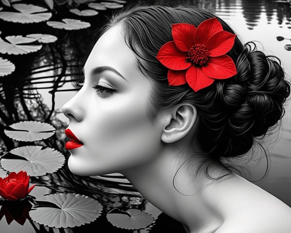 Black and White Portrait of a Woman with Water Lilies