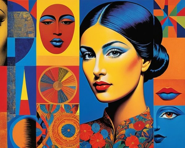 Vibrant Collage of Stylized Faces and Geometric Patterns
