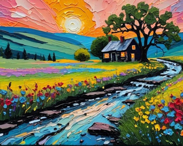 Charming Cottage in Vibrant Sunset Landscape