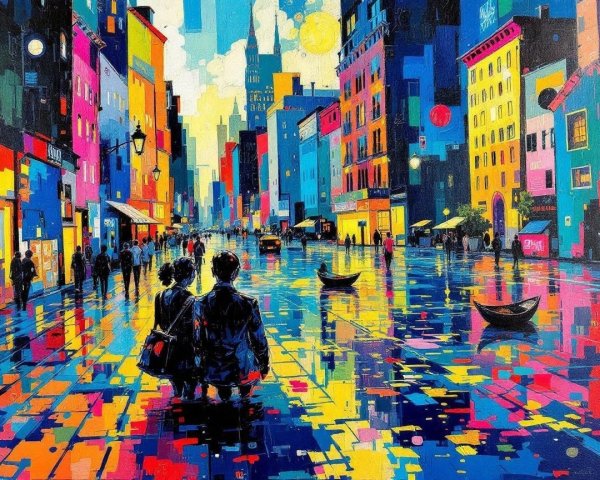 Vibrant Cityscape at Dusk with Colorful Reflections