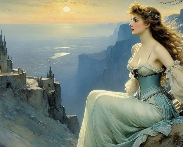 Young woman in blue dress near Gothic castle at sunset