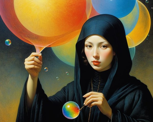 Mysterious Figure with Bubbles in Dreamlike Setting
