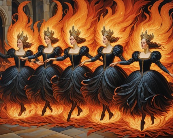 Five Women in Black Gowns with Fiery Crowns