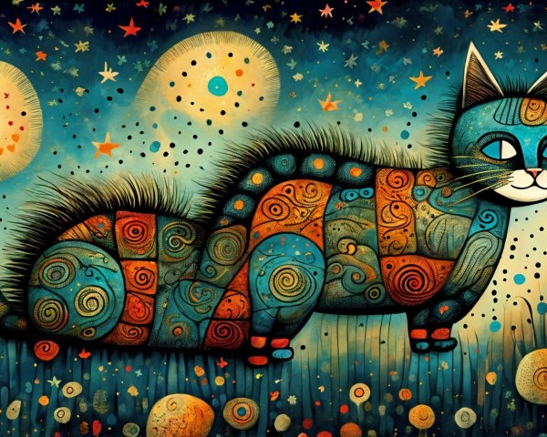 Colorful Cat with Intricate Designs in Dreamy Night Sky