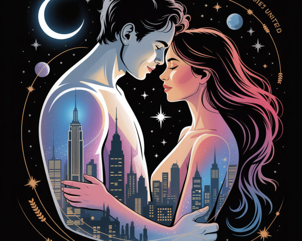 Silhouette Couple Against Cosmic Cityscape Background