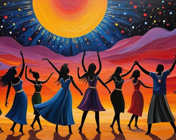 Silhouetted Black Women Dancing in Vibrant Desert Scene