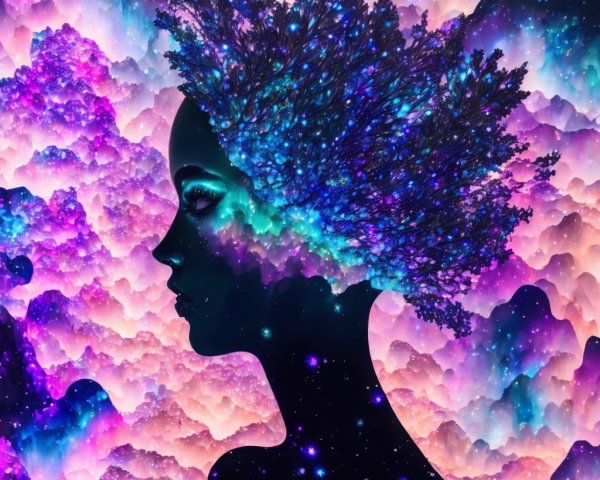 Silhouette of a Woman Against a Cosmic Background