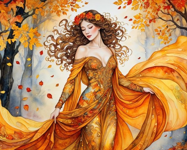 Woman in flowing gown among autumn trees