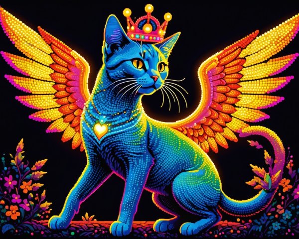 Vibrant winged cat illustration in neo-pop art style