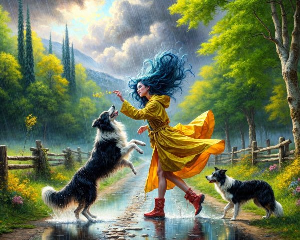 Joyful Woman in Yellow Raincoat with Border Collies