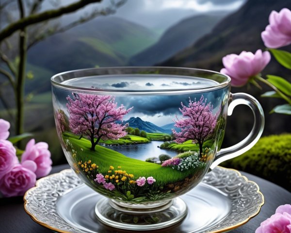 Teacup with Miniature Landscape on Ornate Saucer