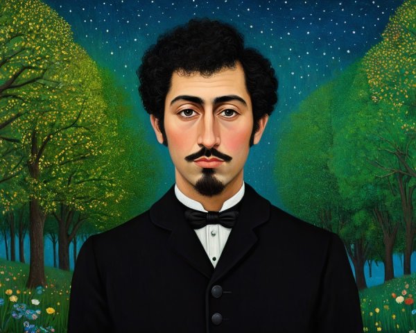 Man in Formal Suit Surrounded by Lush Forest and Stars