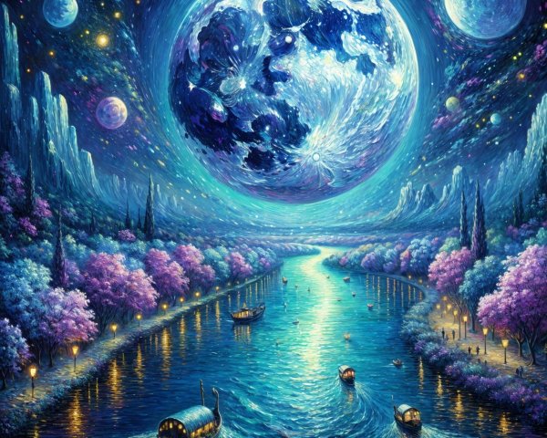 Vibrant Nightscape with Moonlit River and Stars
