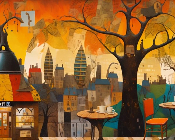 Vibrant Mural of Cozy Café Scene Under Tree
