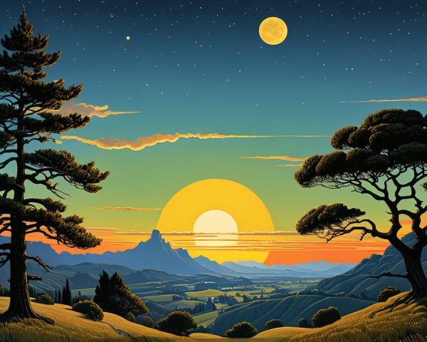 Serene Dusk Landscape with Rolling Hills and Trees
