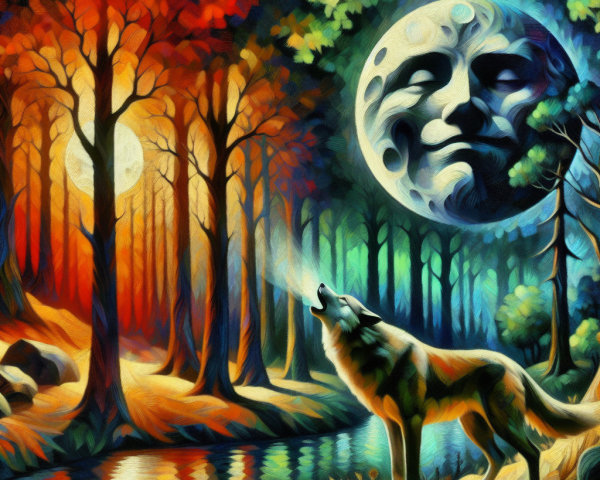 Wolf by River Howling at Moon with Autumn Trees