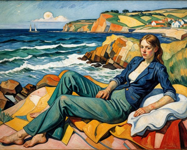 Young Woman by Seaside in Colorful Fabric Setting