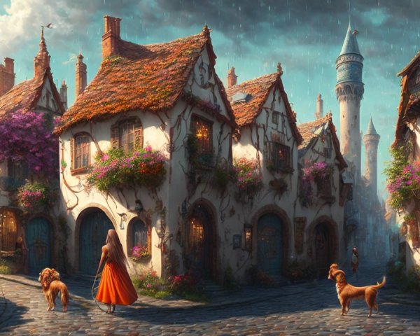 Charming Village Scene with Rain and Whimsical Houses