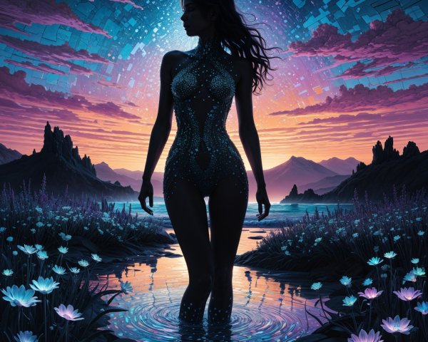 Silhouette of Woman in Tranquil Water at Dawn