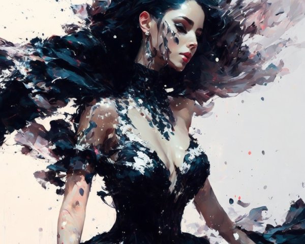 Ethereal Figure in Black Gown Amidst Colorful Swirls
