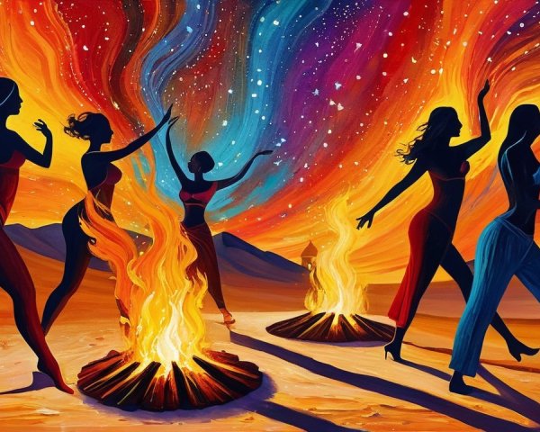Silhouetted Women Dancing Around Bonfires in Desert