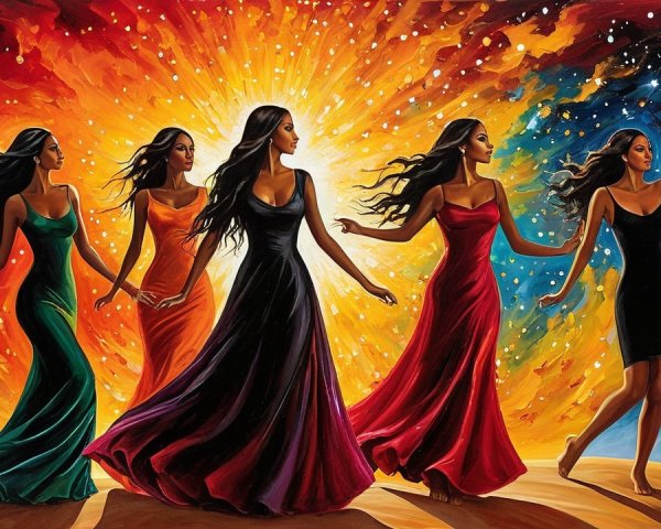 Five Women Dancing with Flowing Hair and Colorful Background