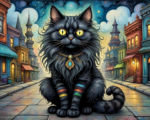 Black Cat in Colorful Whimsical Street Scene