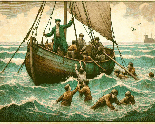 Vintage Sailing Scene with Turbulent Waves and Figures