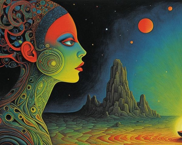 Surreal Cosmic Landscape with Colorful Humanoid Figure