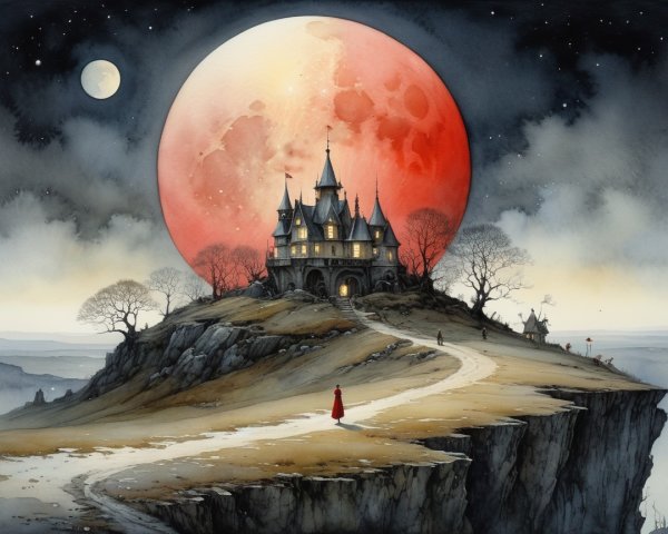 Gothic Castle on Hill Under Reddish Full Moon