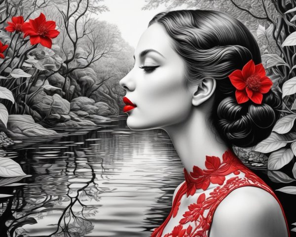 Profile of a Woman by a Tranquil River Landscape
