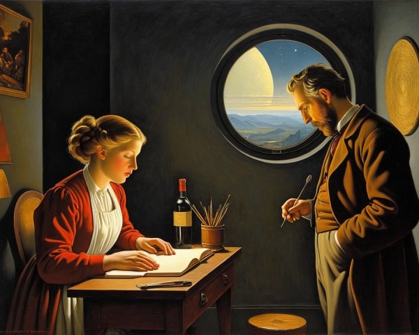 Young Girl Studies in Room with Cosmic Landscape View