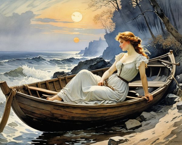 Serene Scene of a Woman in a Boat at Sunset