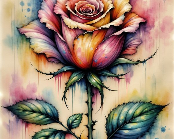 Vividly Colored Rose with Intricate Petals and Leaves