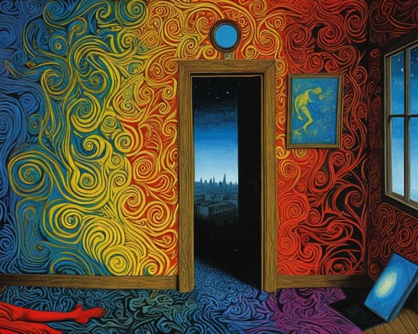 Colorful Room with Abstract Art and Starry Landscape