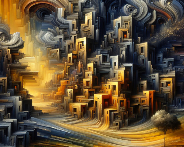 Surreal Landscape with Abstract Buildings and Tree