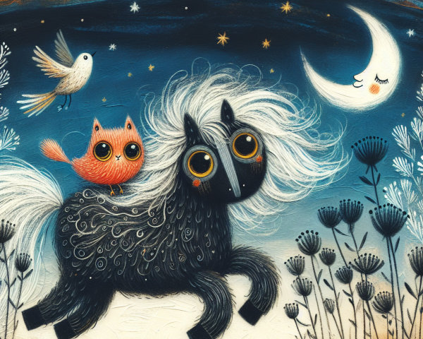 Whimsical Painting of a Black Horse and Bird Scene