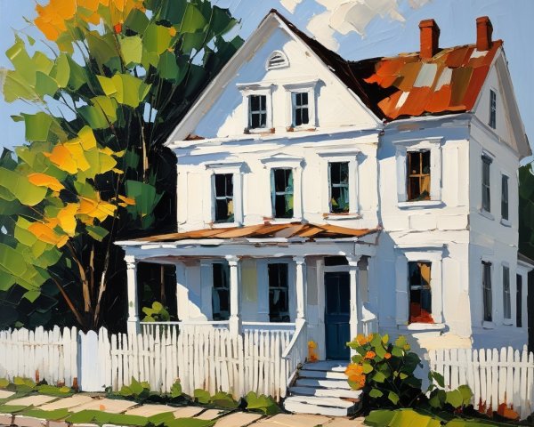 Impressionistic Painting of a House with Landscape Elements