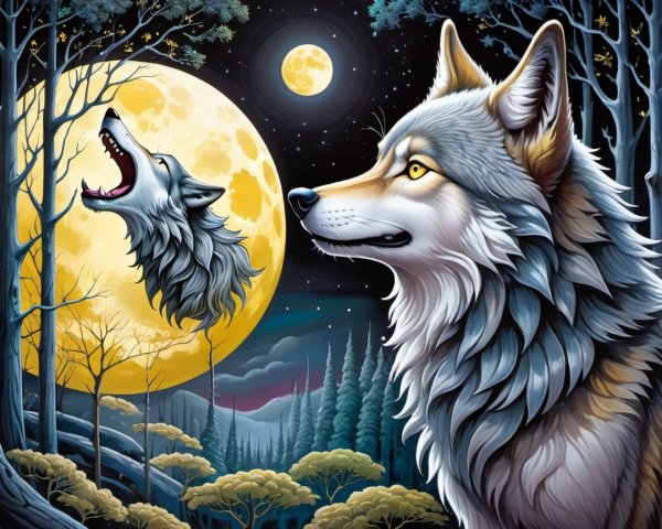 Majestic gray wolf under a full moon and stars