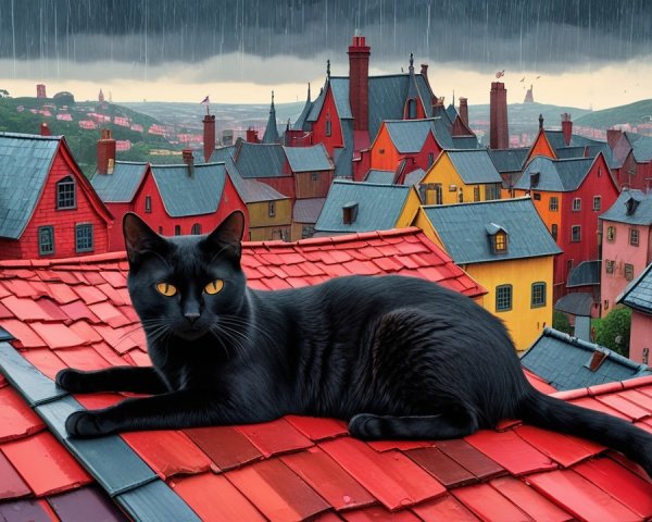 Black Cat on Red Rooftop Over Colorful Village