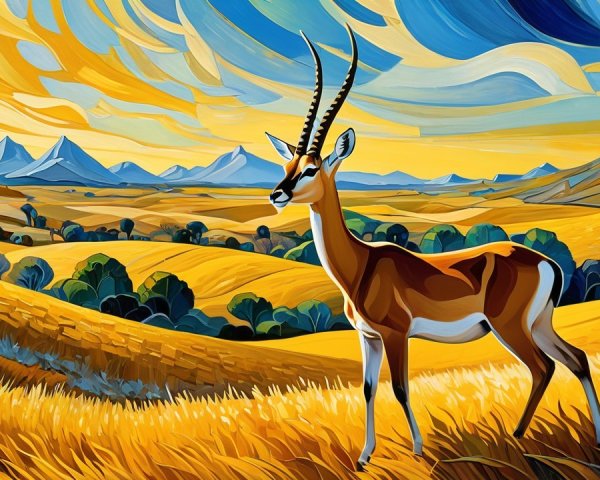 Vibrant Landscape with Antelope in Golden Field