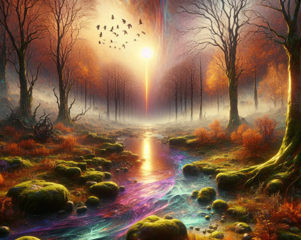 Surreal Landscape with Towering Trees and Stream