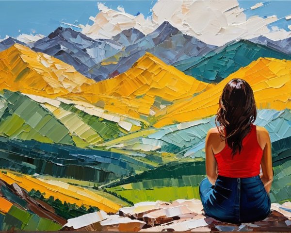 Impasto Painting of Woman Overlooking Mountain Landscape