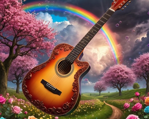 Magical Landscape with Floating Acoustic Guitar and Bubbles