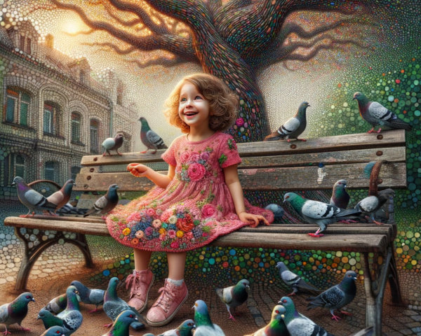 Young girl in pink dress with pigeons in park setting